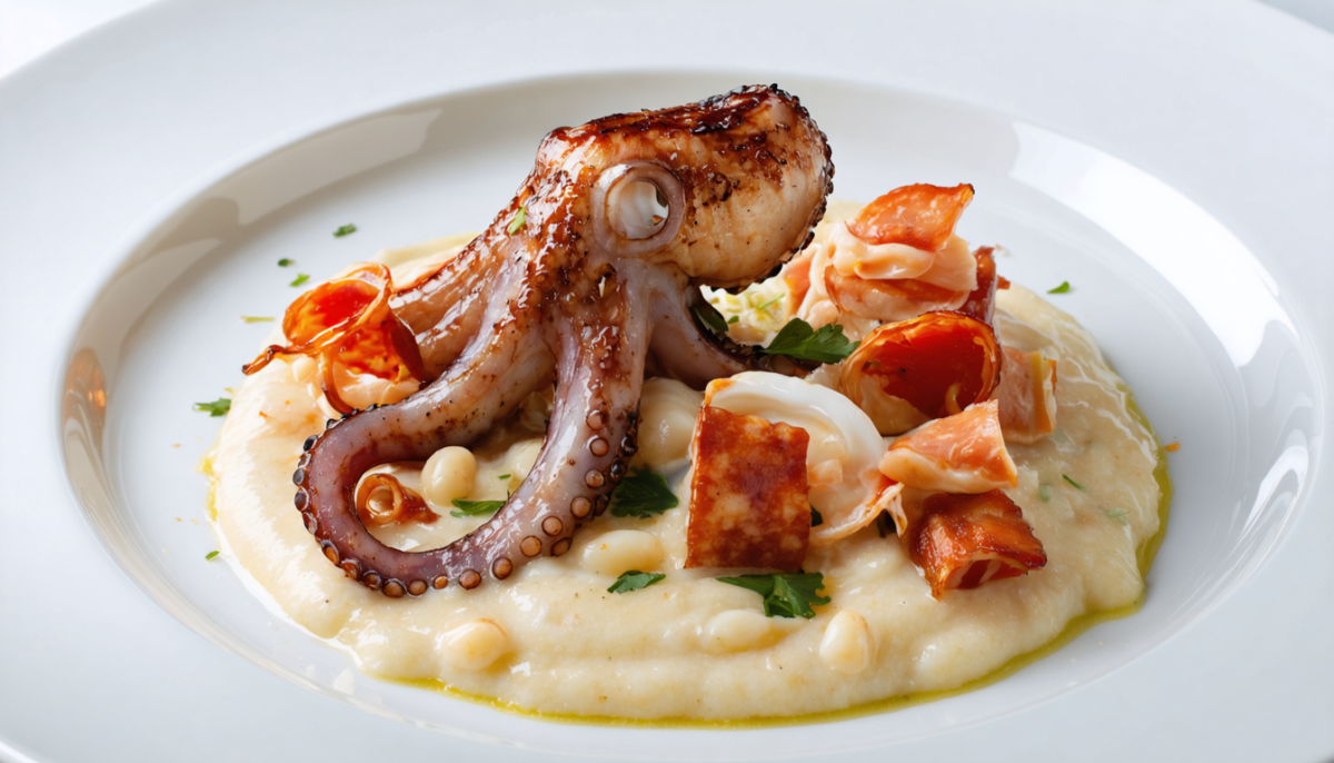 découvrez une explosion de saveurs marines avec notre poulpe grillé, accompagné d'une onctueuse purée de haricots blancs et relevé par l'arôme intense du chorizo, pour un plat délicieux et raffiné.
