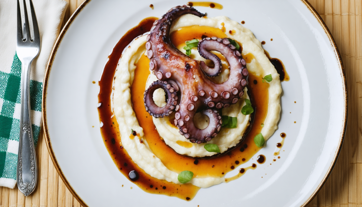 découvrez notre recette savoureuse de poulpe grillé accompagné d'une purée de haricots blancs onctueuse et relevée par l'arôme intense du chorizo. un voyage gourmand aux saveurs de la mer à ne pas manquer !