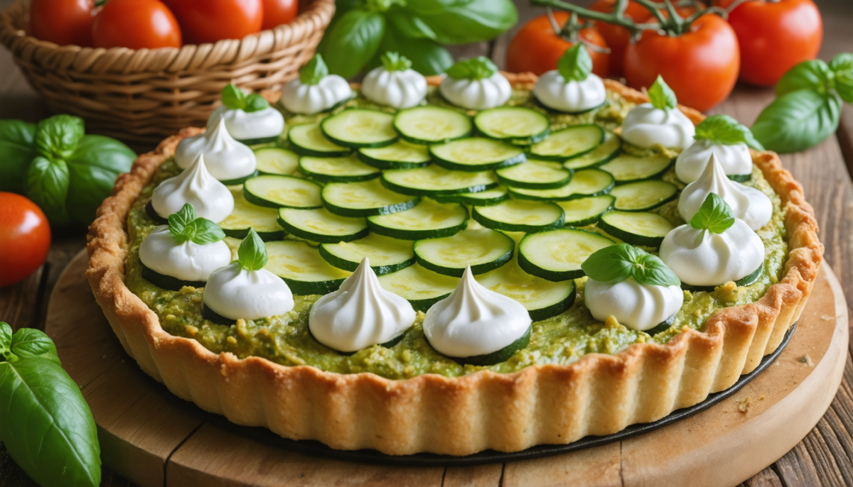 découvrez notre recette facile pour préparer une tarte aux courgettes gourmande, garnie de burrata fondante et nappée d'une délicieuse crème de pesto. un mélange de saveurs fraîches et italiennes pour régaler vos papilles.
