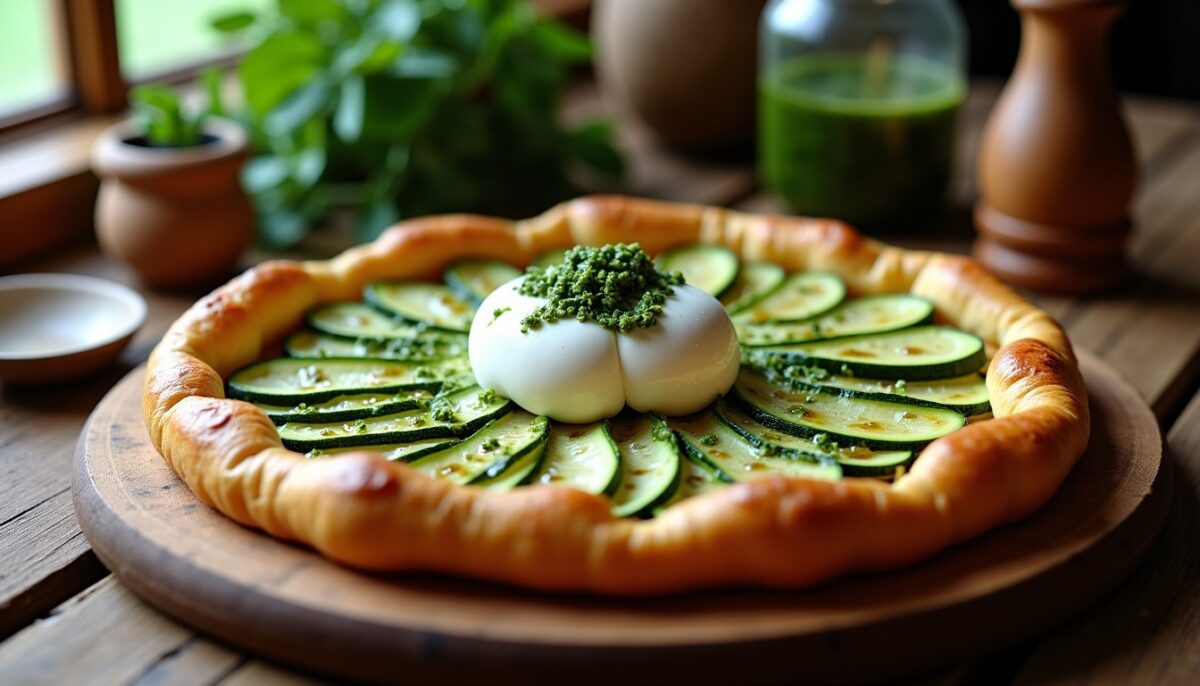 Savourez une Tarte aux Courgettes Gourmande, Burrata Fondante et Crème de Pesto : La Recette Facile à Maîtriser