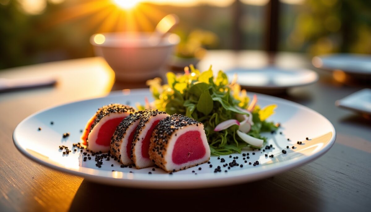Explosion de saveurs marines : Tataki de Thon Rouge en croûte de Sésame, sublimé par une salade fraîche d’algues