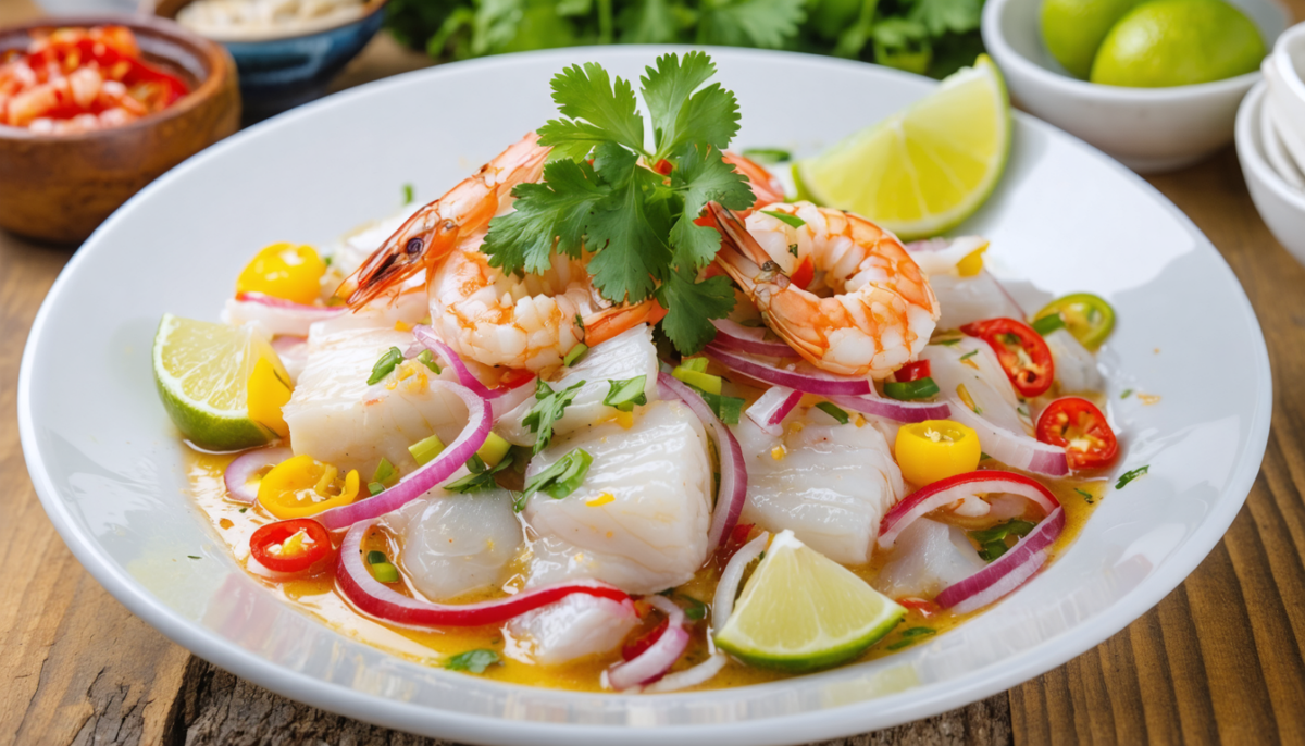 savourez le ceviche péruvien authentique avec daurade fraîche et crevettes délicates, plongées dans une leche de tigre savoureuse pour une explosion de saveurs inoubliable.
